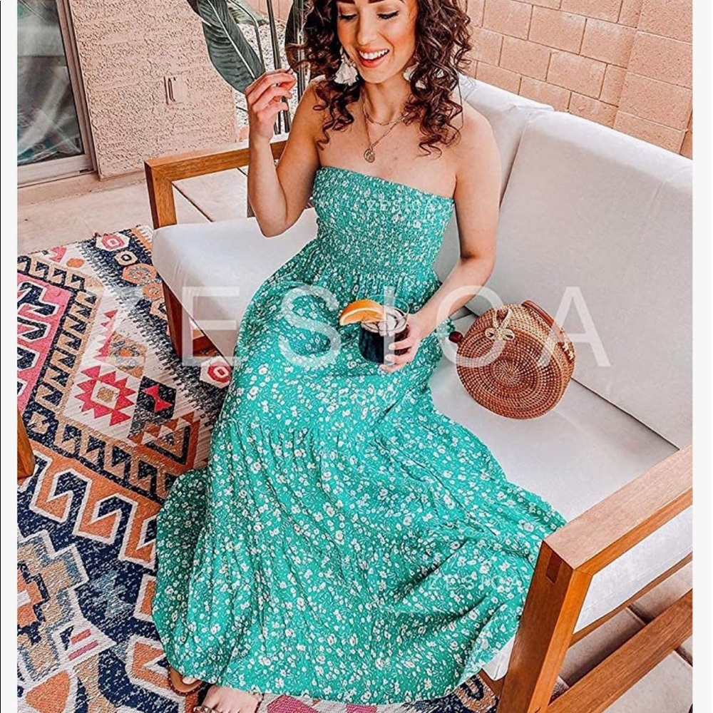 👗 ZESICA Summer Bohemian Floral Printed Strapless Beach Party Long Maxi Dress